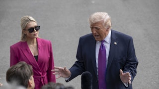 President Donald Trump yells at reporters as White House press secretary Karoline Leavitt stands nearby.