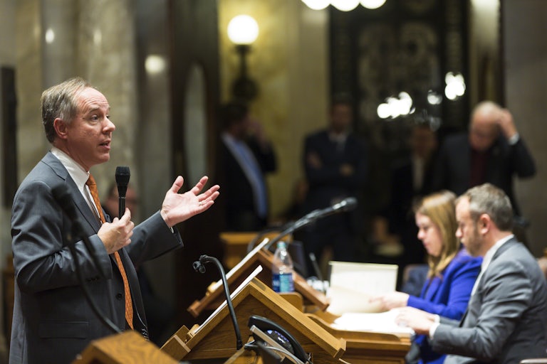 Wisconsin Assembly Speaker Robin Vos addresses the Assembly with mic in hand