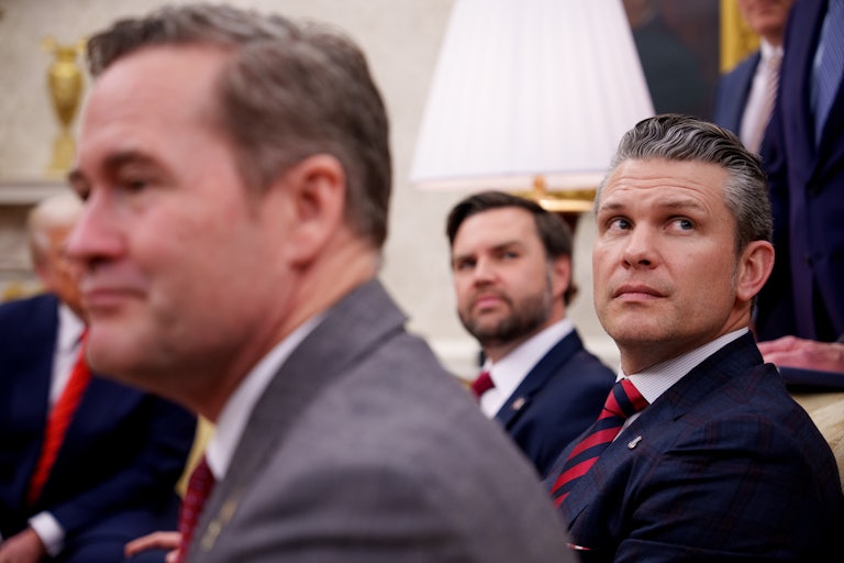 Donald Trump, Mike Waltz, JD Vance, and Pete Hegseth sit in the Oval Office