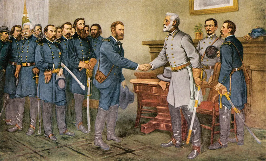 Color illustration of General Ulysses S. Grant shaking hands with General Robert E. Lee at the Appomattox Court House surrender, April 9, 1865