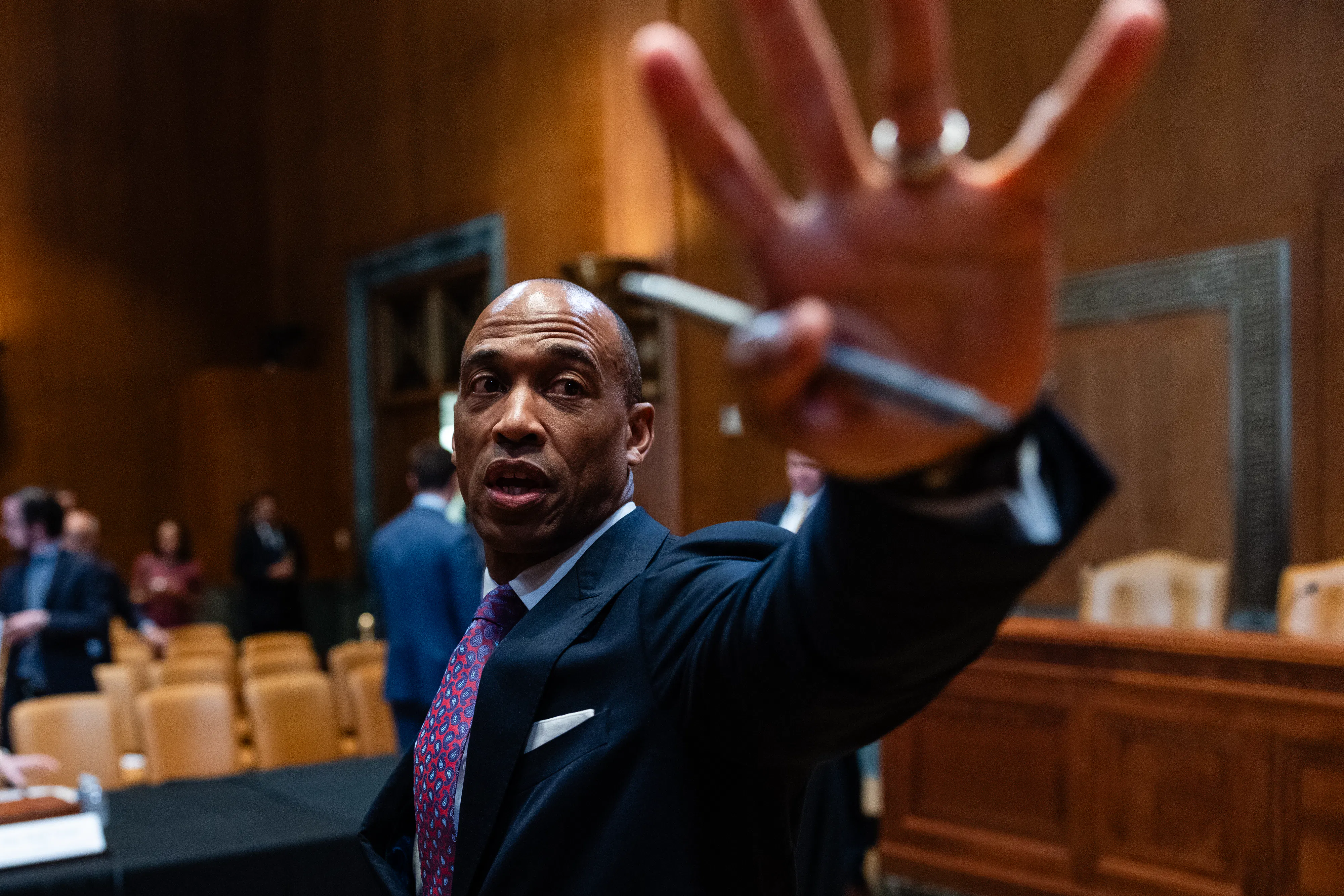 Housing and Urban Development Secretary Eric Scott Turner departs from a Senate Appropriations Subcommittee on Transportation, Housing and Urban Development, and Related Agencies hearing in Washington, D.C.