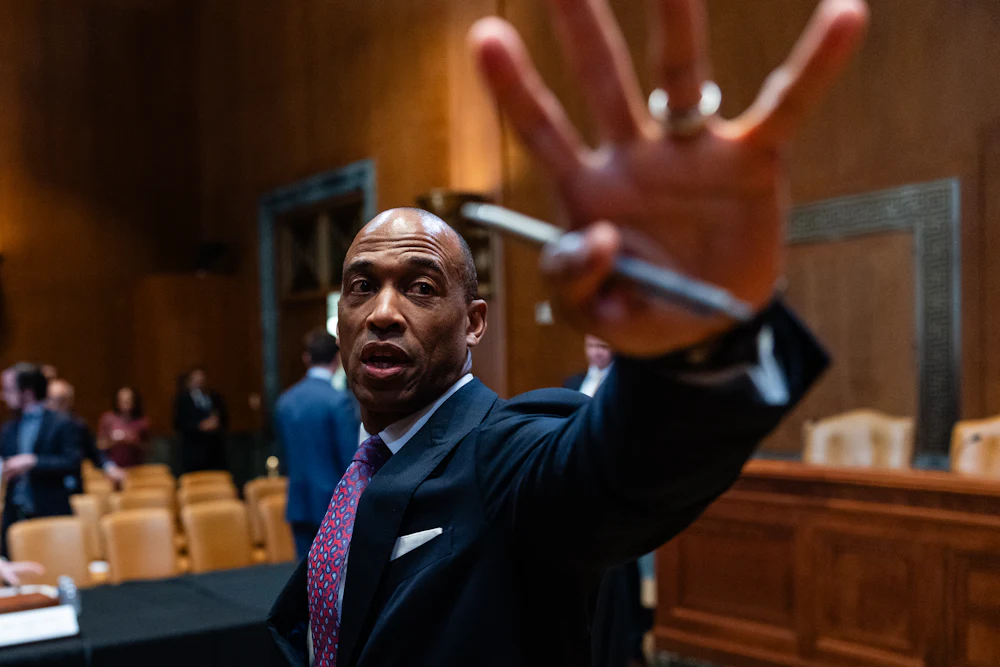 Housing and Urban Development Secretary Eric Scott Turner departs from a Senate Appropriations Subcommittee on Transportation, Housing and Urban Development, and Related Agencies hearing in Washington, D.C.