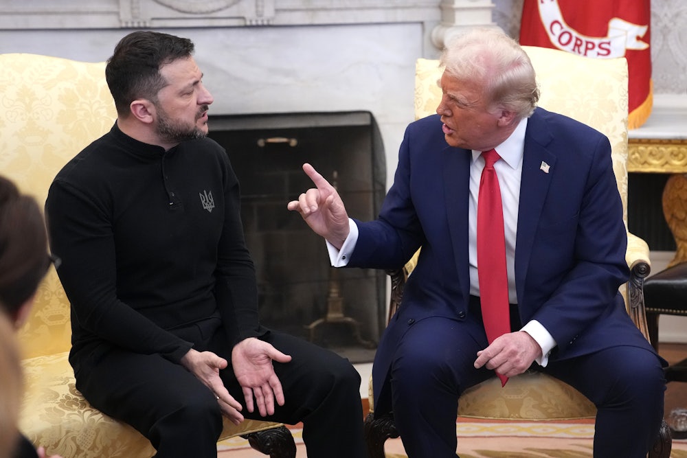 Donald Trump yells and wags a finger at Volodomyr Zelenskiy, who makes an exasperated hand gesture.