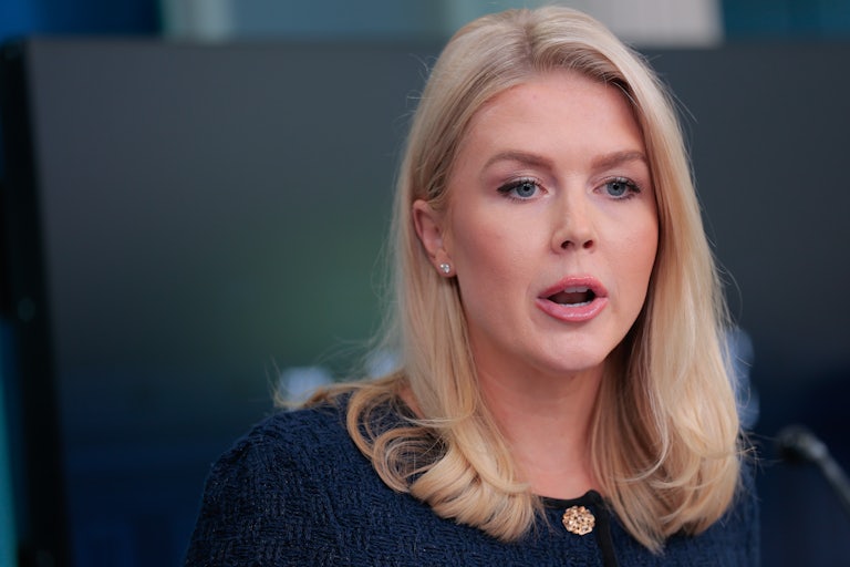 Karoline Leavitt speaks to reporters at a White House press briefing
