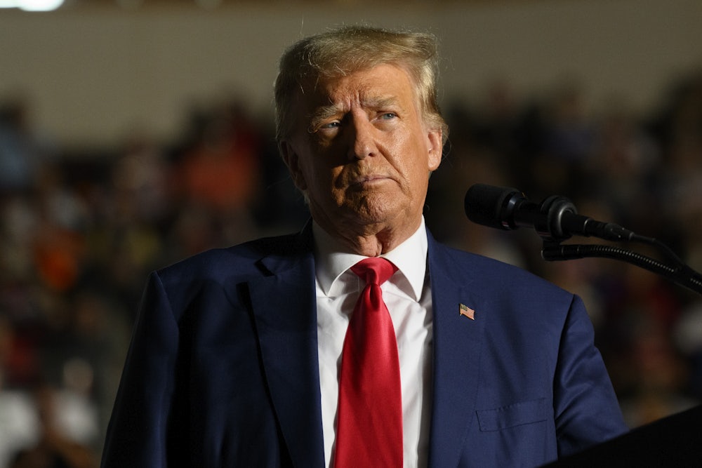 President Donald Trump speaks to supporters during a political rally while campaigning for the GOP nomination in the 2024 election at Erie Insurance Arena on July 29, 2023 in Erie, Pennsylvania. (Photo by Jeff Swensen/Getty Images)