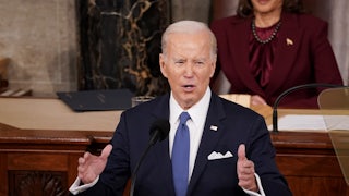 President Joe Biden speaks during a State of the Union address at the U.S. Capitol on February 7, 2023.