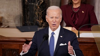 President Joe Biden speaks during a State of the Union address at the U.S. Capitol on February 7, 2023.
