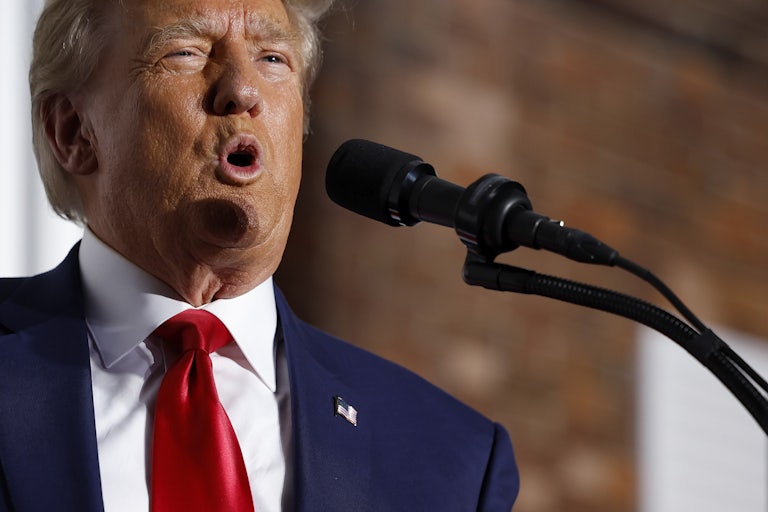 Donald Trump speaks into a microphone