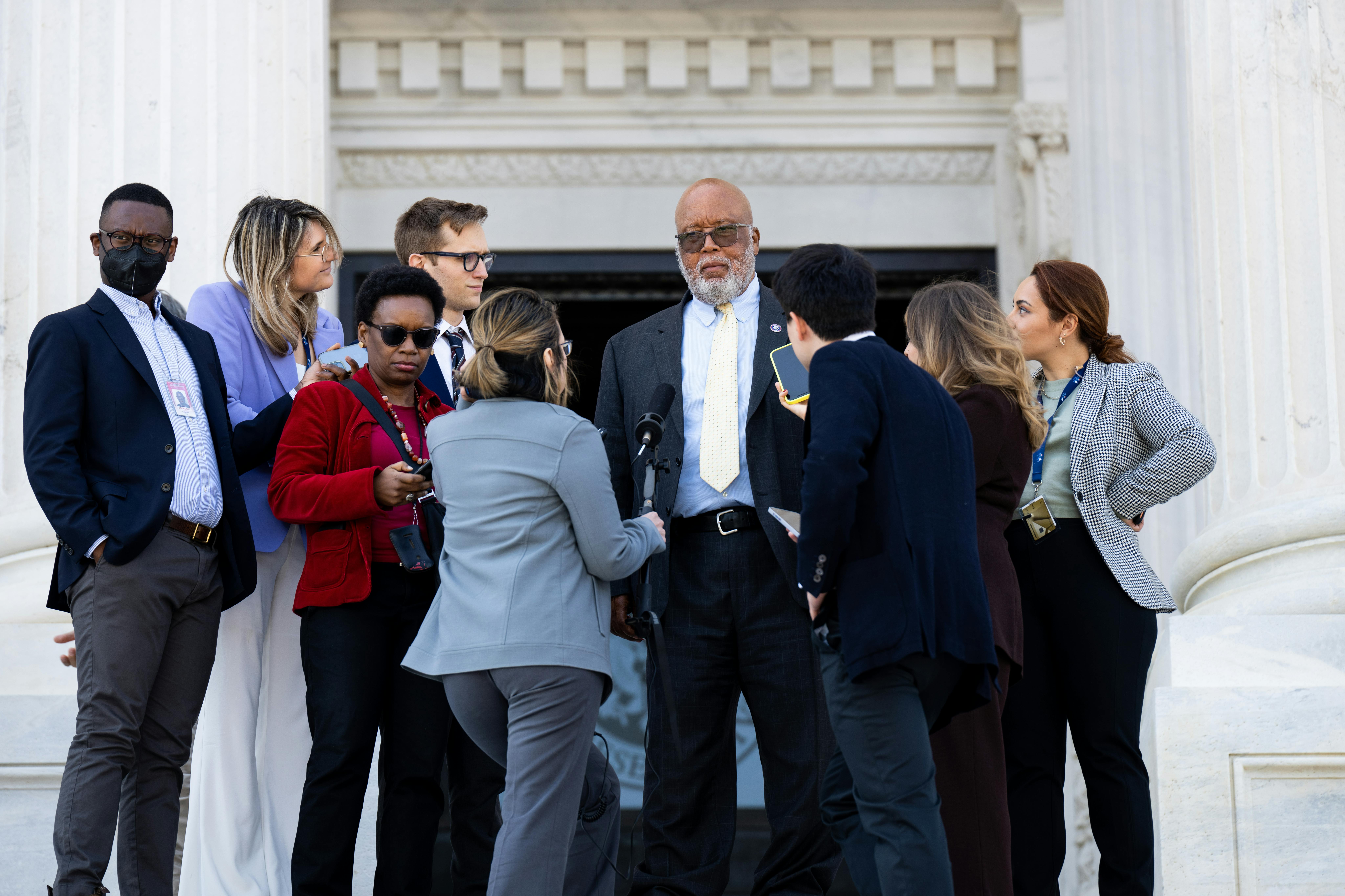 January 6 Commission Chair Bennie Thompson speaks with reporters on the steps of the U.S. Capitol.