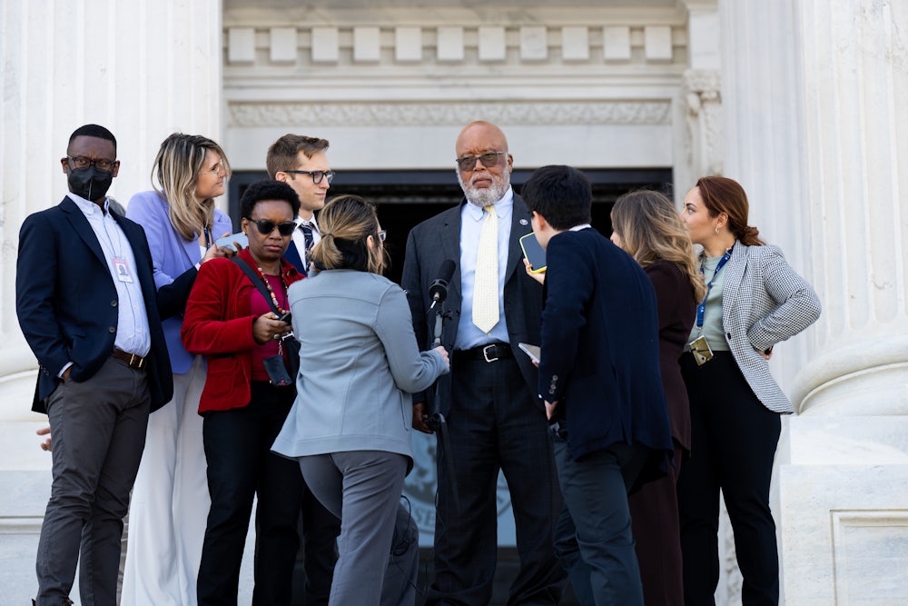January 6 Commission Chair Bennie Thompson speaks with reporters on the steps of the U.S. Capitol.
