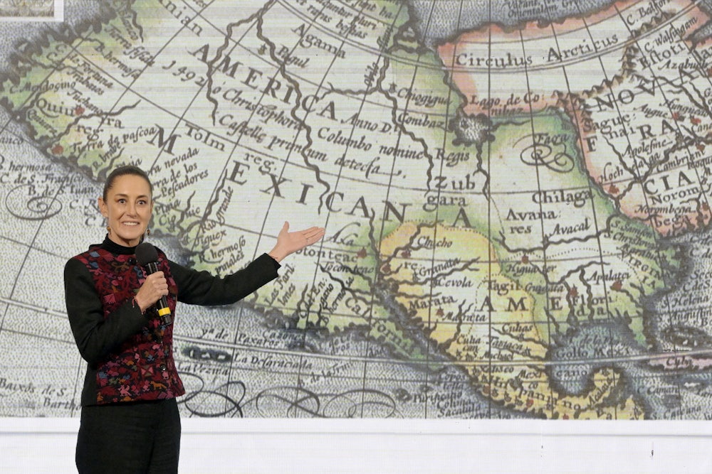 Mexico's President Claudia Sheinbaum speaks during her daily conference in front of a map of Mexico.at the National Palace in Mexico City on January 8, 2025.