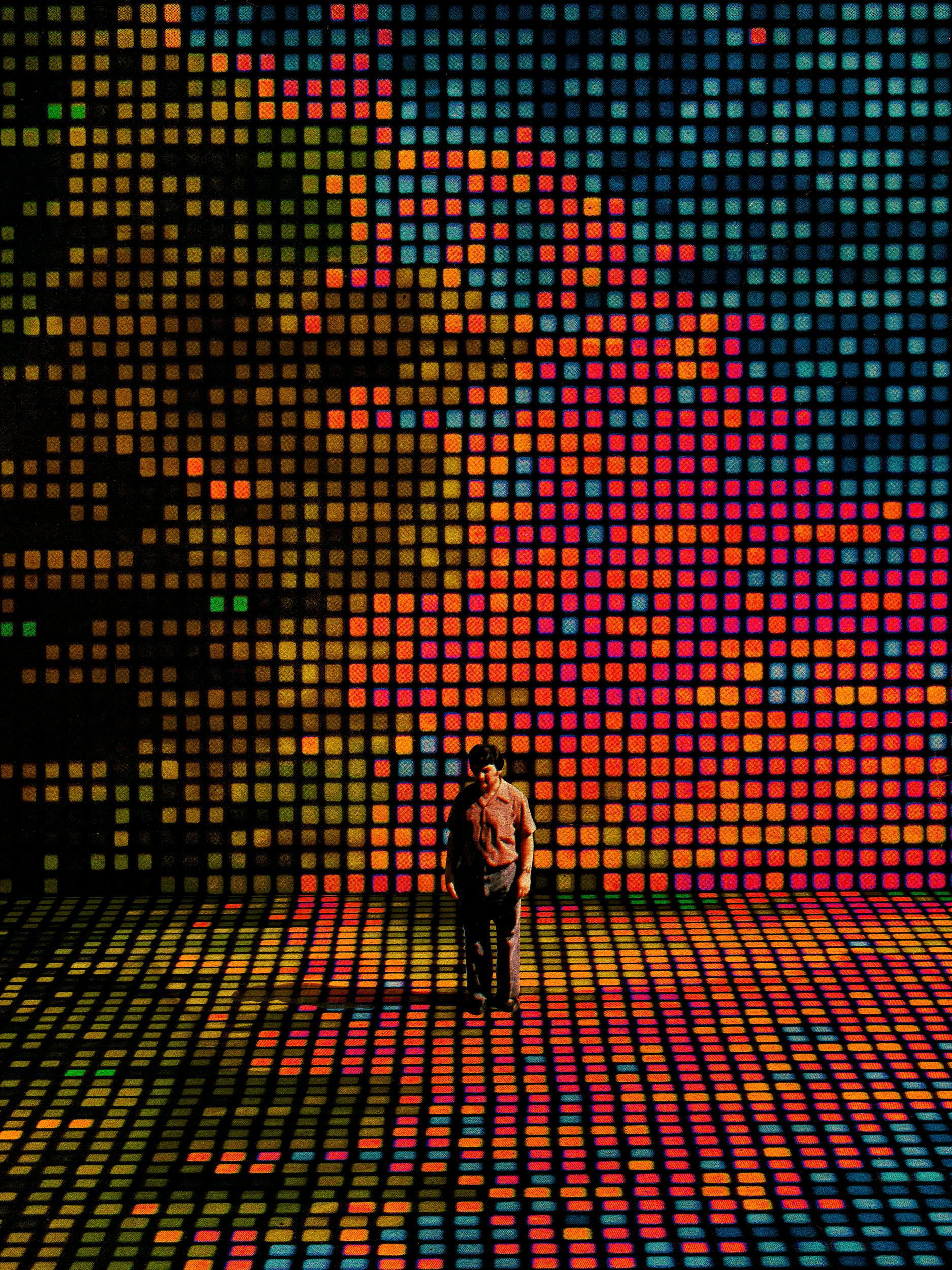 An illustration of a man standing on a stage of computer pixels 