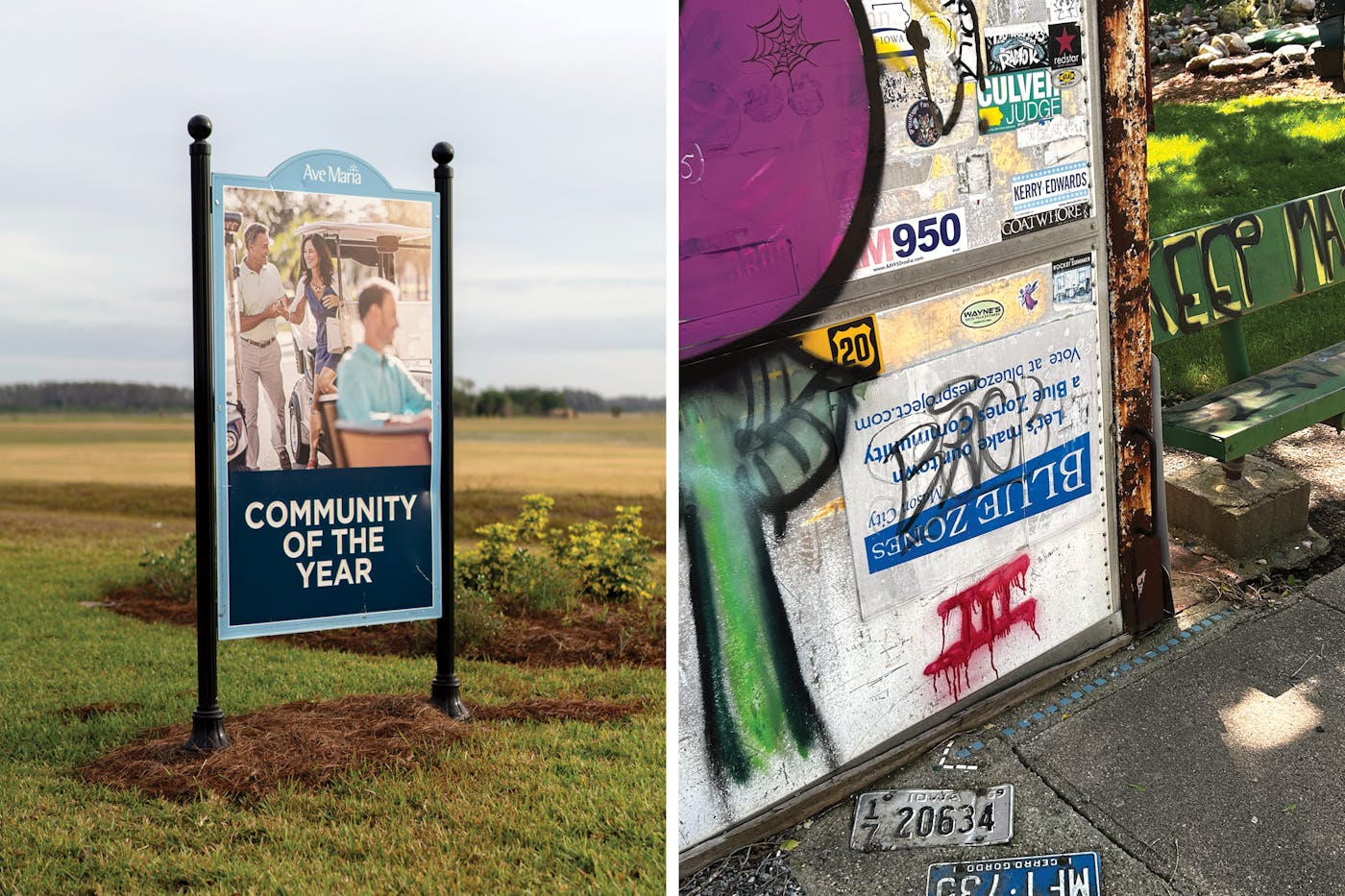 A Blue Zones sign in Florida and a graffitied Blue Zones sign in Iowa