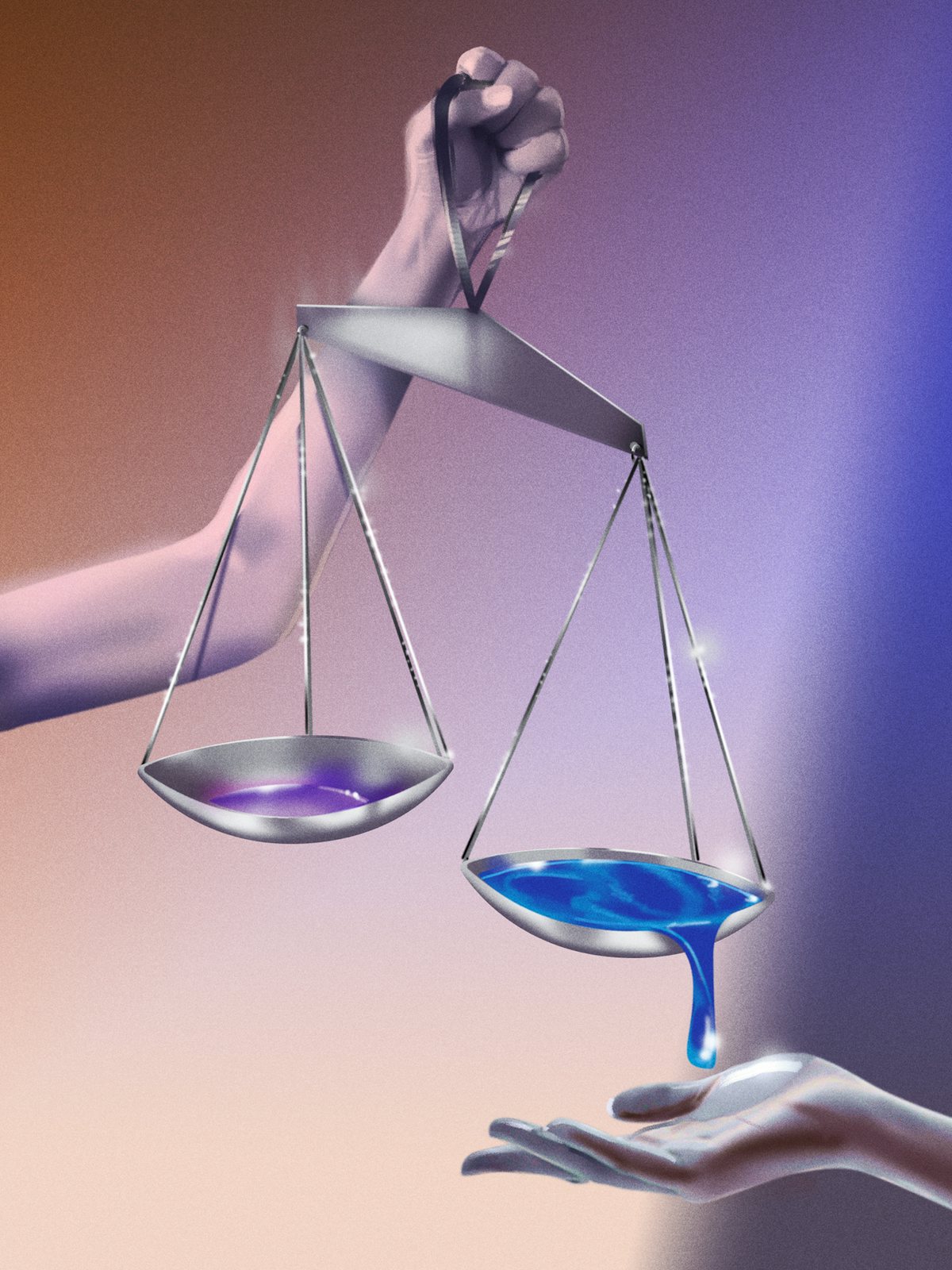 An illustration of an arm holding a scale. The heavier side overflows with blue liquid.