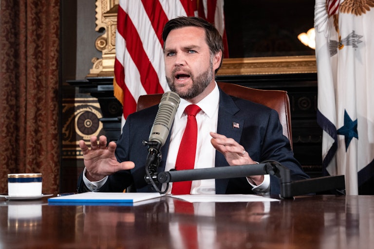 JD Vance hosts the Charlie Kirk podcast in the Eisenhower Executive Office Building in the White House.