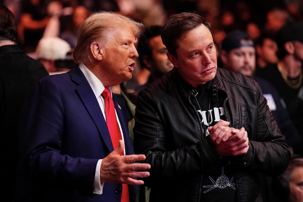 President-elect Donald Trump and Elon Musk talk ring side during the UFC 309 event at Madison Square Garden on November 16, 2024 in New York City.