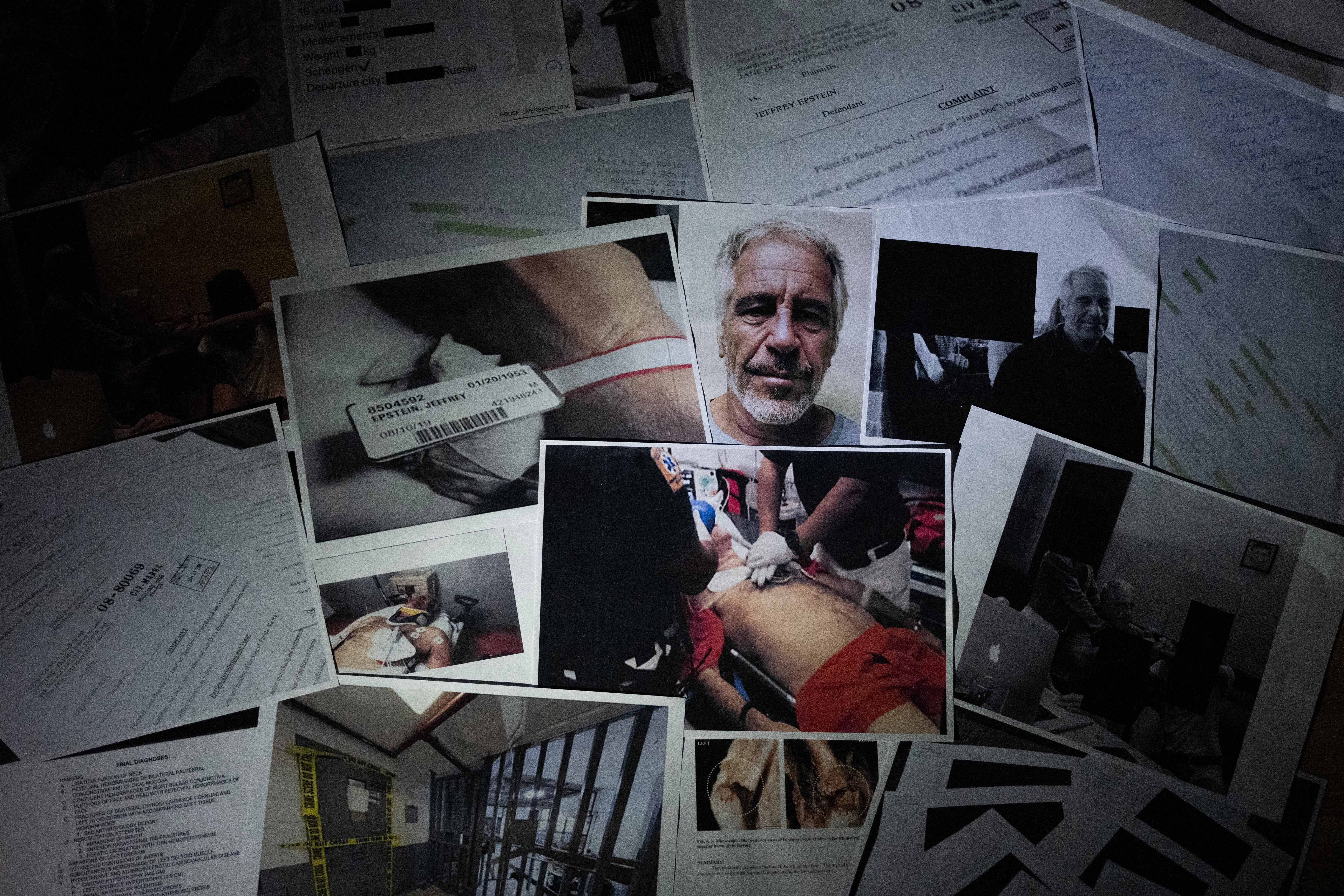 A pile of photographs and evidence related to convicted sex offender Jeffrey Epstein. 