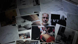 A pile of photographs and evidence related to convicted sex offender Jeffrey Epstein.