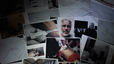 A pile of photographs and evidence related to convicted sex offender Jeffrey Epstein.