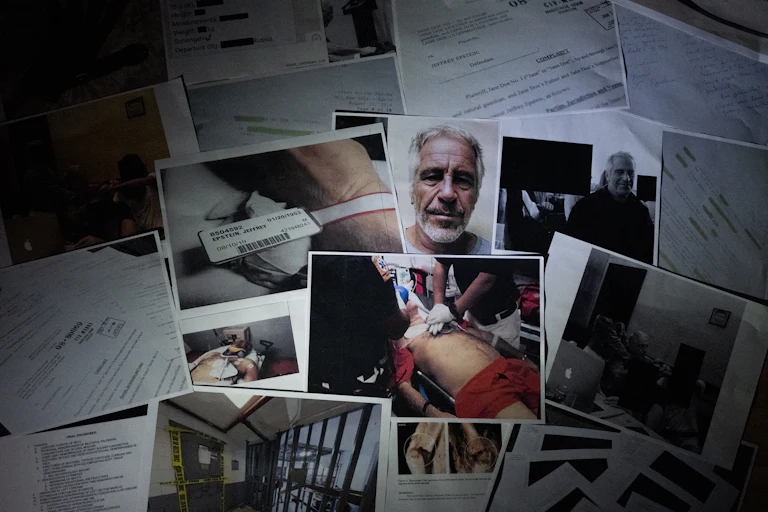 A pile of photographs and evidence related to convicted sex offender Jeffrey Epstein.