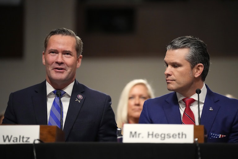 National Security Adviser Mike Waltz and Defense Secretary Pete Hegseth testify in a congressional briefing.