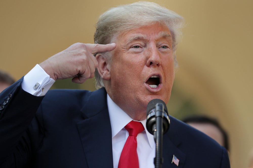 Donald Trump points his right index finger at his temple as he speaks to a crowd.