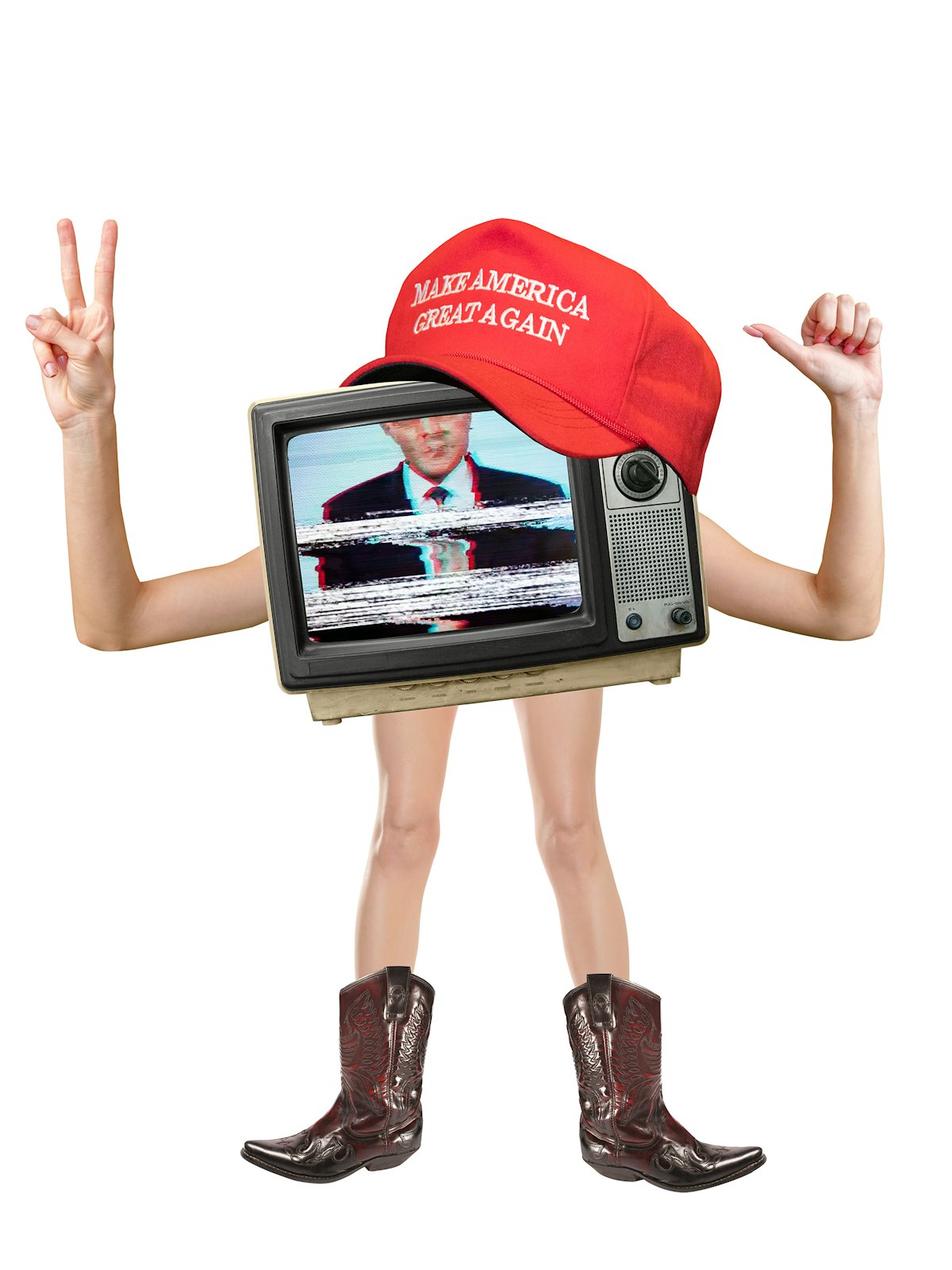 Illustration of a figure with a TV for a head wearing a MAGA cap