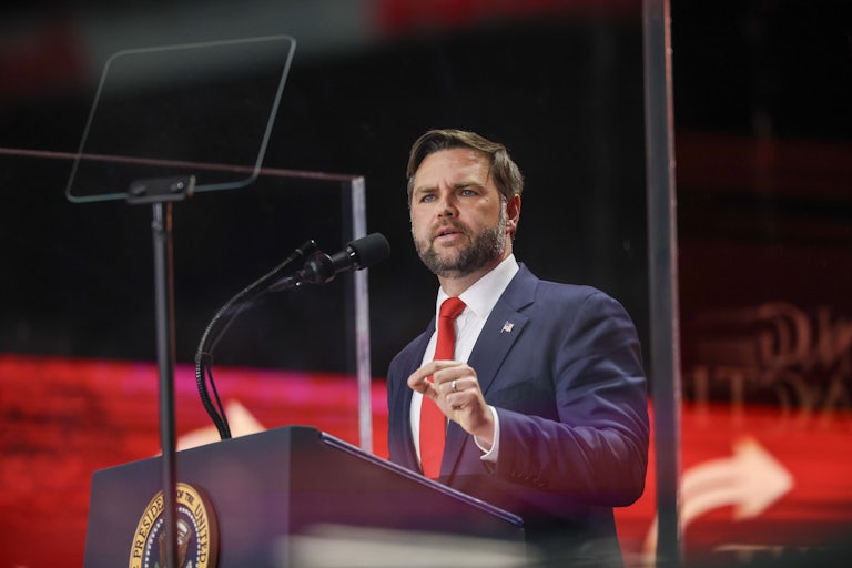 Vice President JD Vance gestures while speaking at Charlie Kirk's memorial
