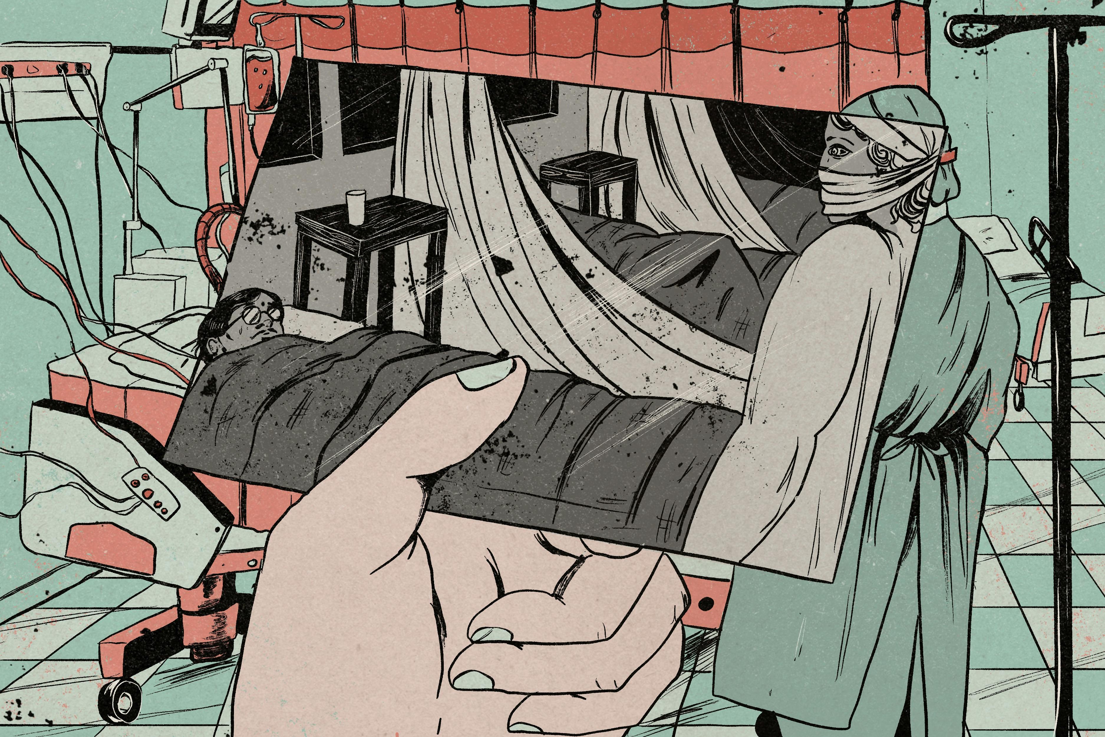 An artist's illustration depicts a person holding a picture of a patient in a bed during the Spanish influenza pandemic, in front of a patient in bed during the Covid pandemic.