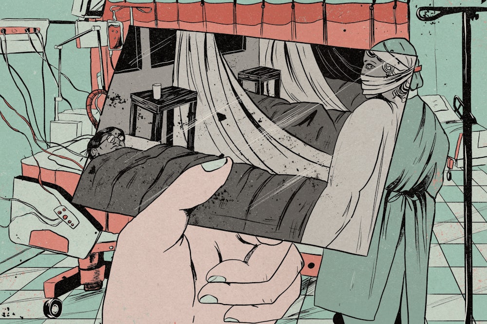 An artist's illustration depicts a person holding a picture of a patient in a bed during the Spanish influenza pandemic, in front of a patient in bed during the Covid pandemic.