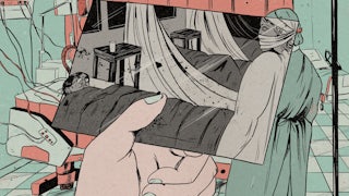 An artist's illustration depicts a person holding a picture of a patient in a bed during the Spanish influenza pandemic, in front of a patient in bed during the Covid pandemic.