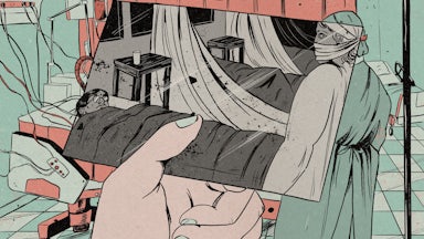 An artist's illustration depicts a person holding a picture of a patient in a bed during the Spanish influenza pandemic, in front of a patient in bed during the Covid pandemic.