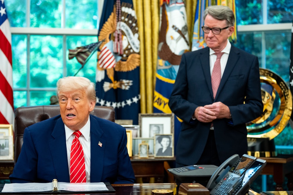 President Donald Trump and Peter Mandelson, the British Ambassador to the US, in the Oval Office of the White House.