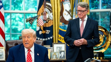 President Donald Trump and Peter Mandelson, the British Ambassador to the US, in the Oval Office of the White House.