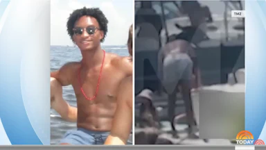 Splitscreen photo of Nolan Wells in a bathing suit, and screenshot of video of a Black man assumed to be Wells bending down on a boat