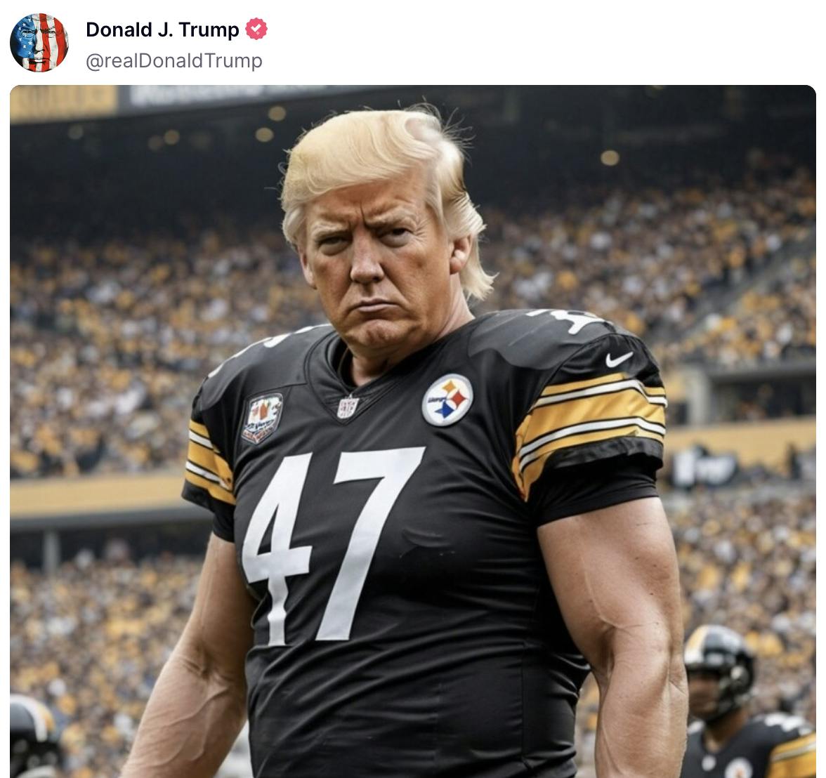 Donald Trump Truth Social Post, AI image of himself wearing a 47 jersey on a football field