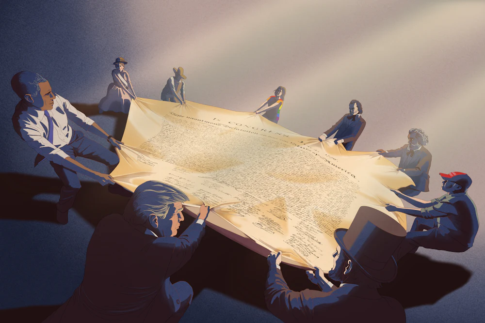 An illustration of multiple people pulling at the sides of an oversized version of the constitution, including Trump, Obama, Lincoln, a MAGA supporter, an LGBQ figure, and other historical figures