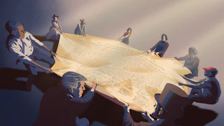 An illustration of multiple people pulling at the sides of an oversized version of the constitution, including Trump, Obama, Lincoln, a MAGA supporter, an LGBQ figure, and other historical figures