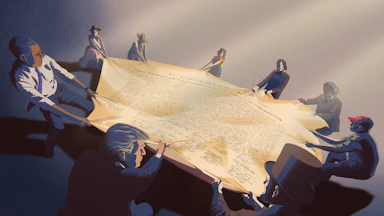An illustration of multiple people pulling at the sides of an oversized version of the constitution, including Trump, Obama, Lincoln, a MAGA supporter, an LGBQ figure, and other historical figures