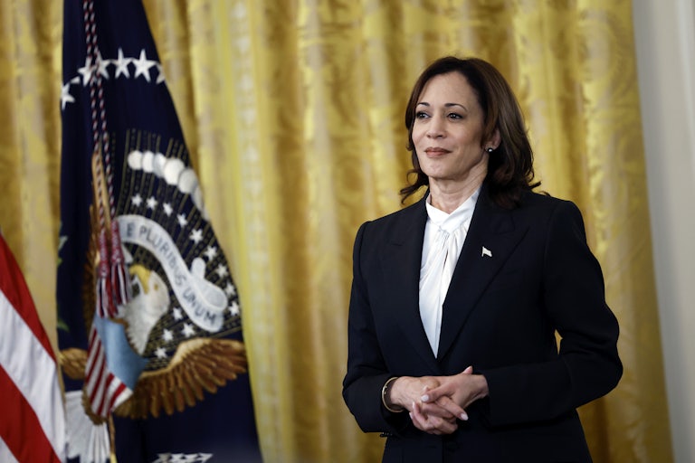 Vice President Kamala Harris listens during a Women’s History Month reception at the White House.