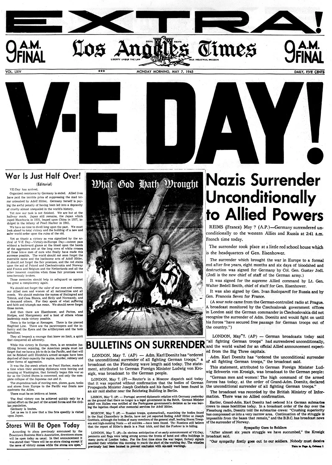 Los Angeles Times front page from May 7, 1945, with 'EXTRA! V-E DAY' headline
