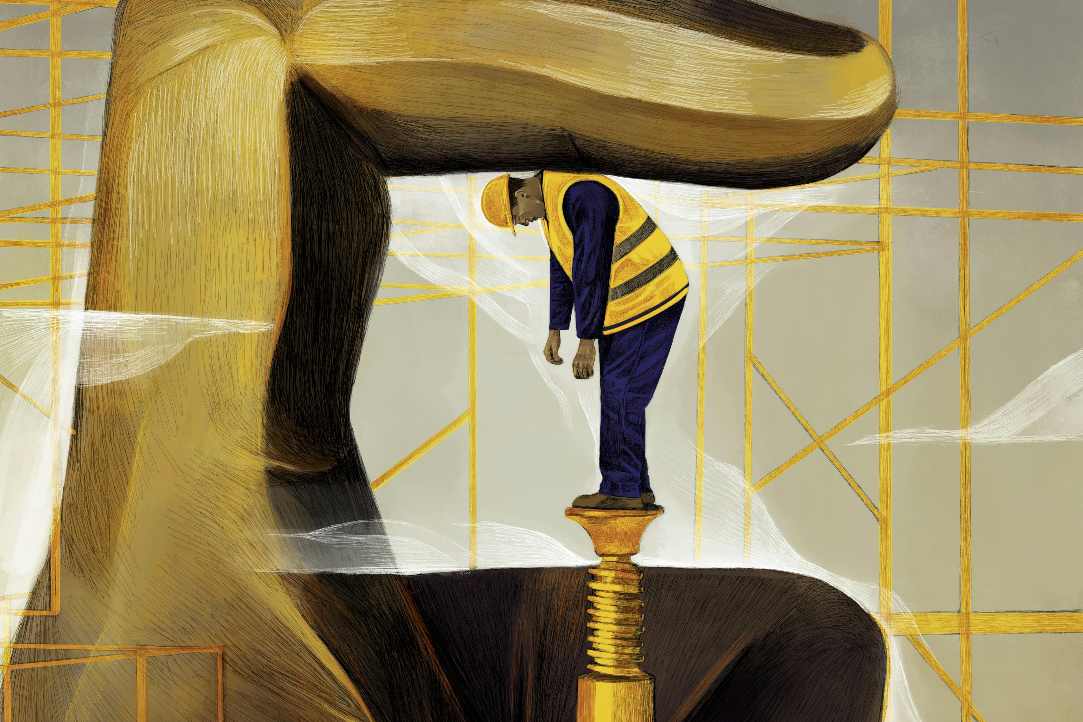 An illustration of a worker being squeezed