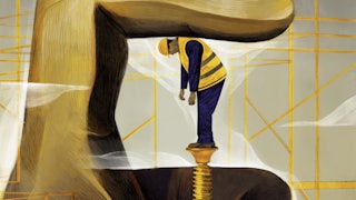 An illustration of a worker being squeezed