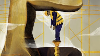 An illustration of a worker being squeezed