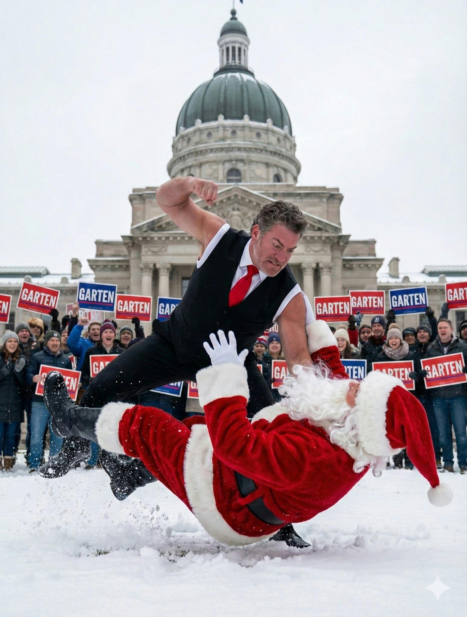 Chris Garten beats up Santa in front of the Tennessee state Capitol as people hold up his campaign signs behind him.