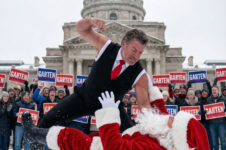 Chris Garten beats up Santa in front of the Tennessee state Capitol as people hold up his campaign signs behind him.
