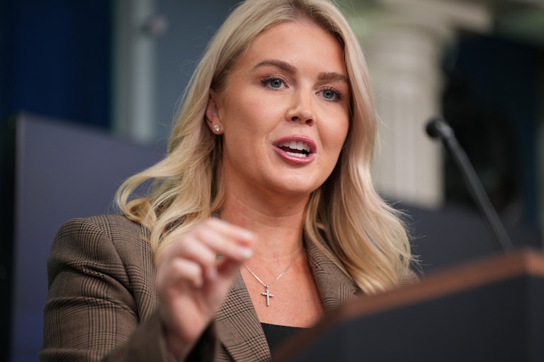 Karoline Leavitt speaks in the White House press briefing room.