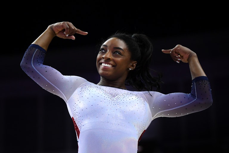 US gymnast Simone Biles celebrates after a gymnastics competition.