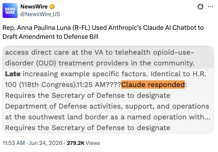 X screenshot NewsWire @NewsWire_US Rep. Anna Paulina Luna (R-FL) Used Anthropic’s Claude AI Chatbot to Draft Amendment to Defense Bill (screnshot of amendment text)