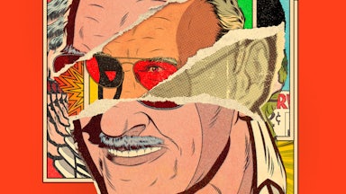 An illustration of Stan Lee composed of a collage of comics